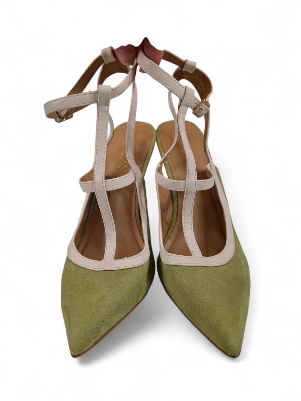 Eva Mendes NY T-Strap Pointed Toe Stiletto Heels Green Faux Suede Pumps Size 9M - Picture 2 of 16